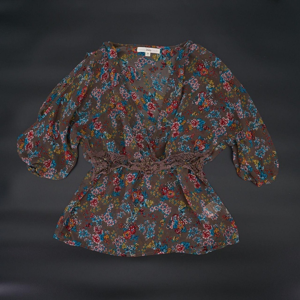 Premium Vanity Collection Brown Floral Chiffon Wrap Tunic Blouse Split Sleeve XS